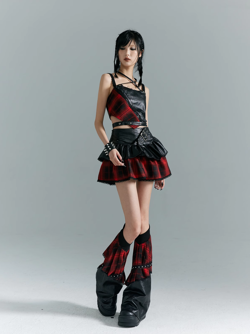 Frustration Garden Punk Grunge Hybrid Crop Top - Faux Leather and Plaid with Adjustable Straps