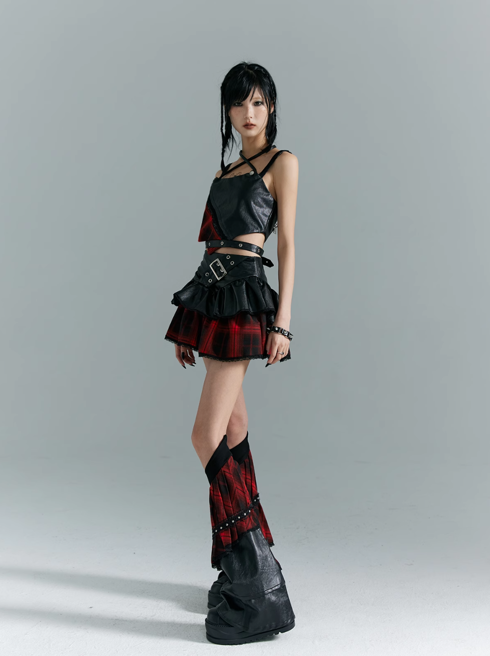 Frustration Garden Punk Grunge Hybrid Crop Top - Faux Leather and Plaid with Adjustable Straps