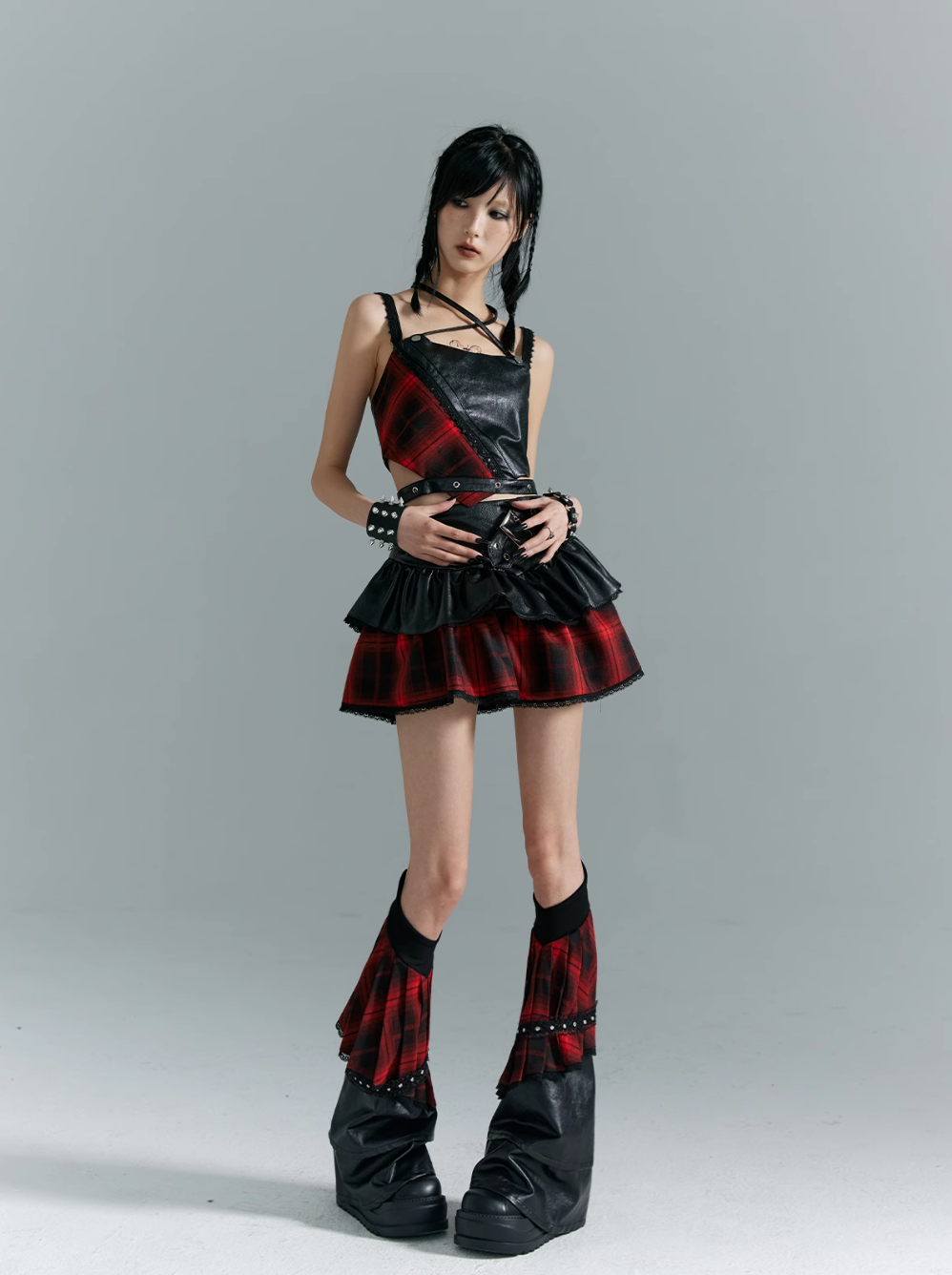 Frustration Garden Punk Grunge Hybrid Crop Top - Faux Leather and Plaid with Adjustable Straps