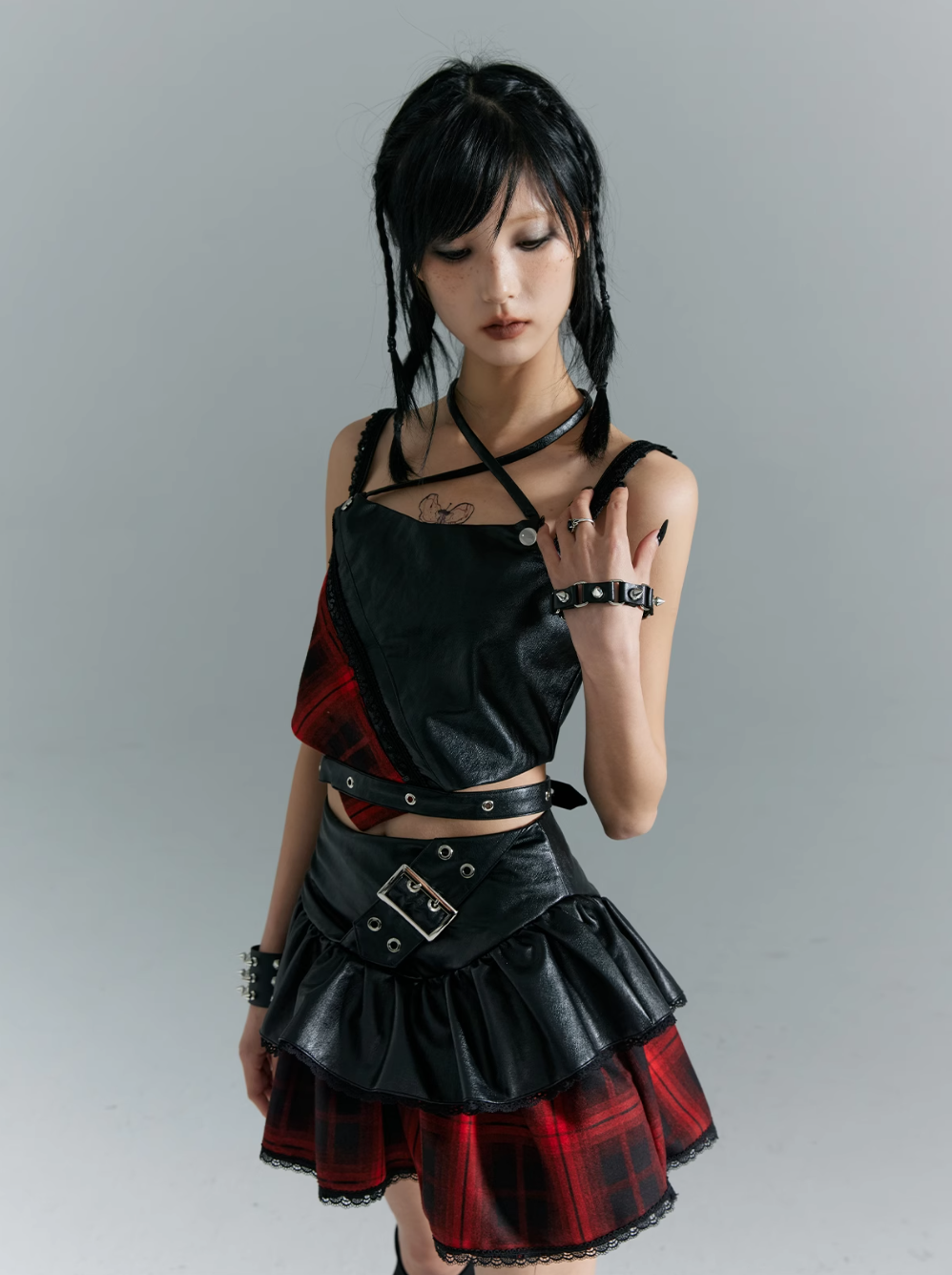 Frustration Garden Punk Grunge Hybrid Crop Top - Faux Leather and Plaid with Adjustable Straps