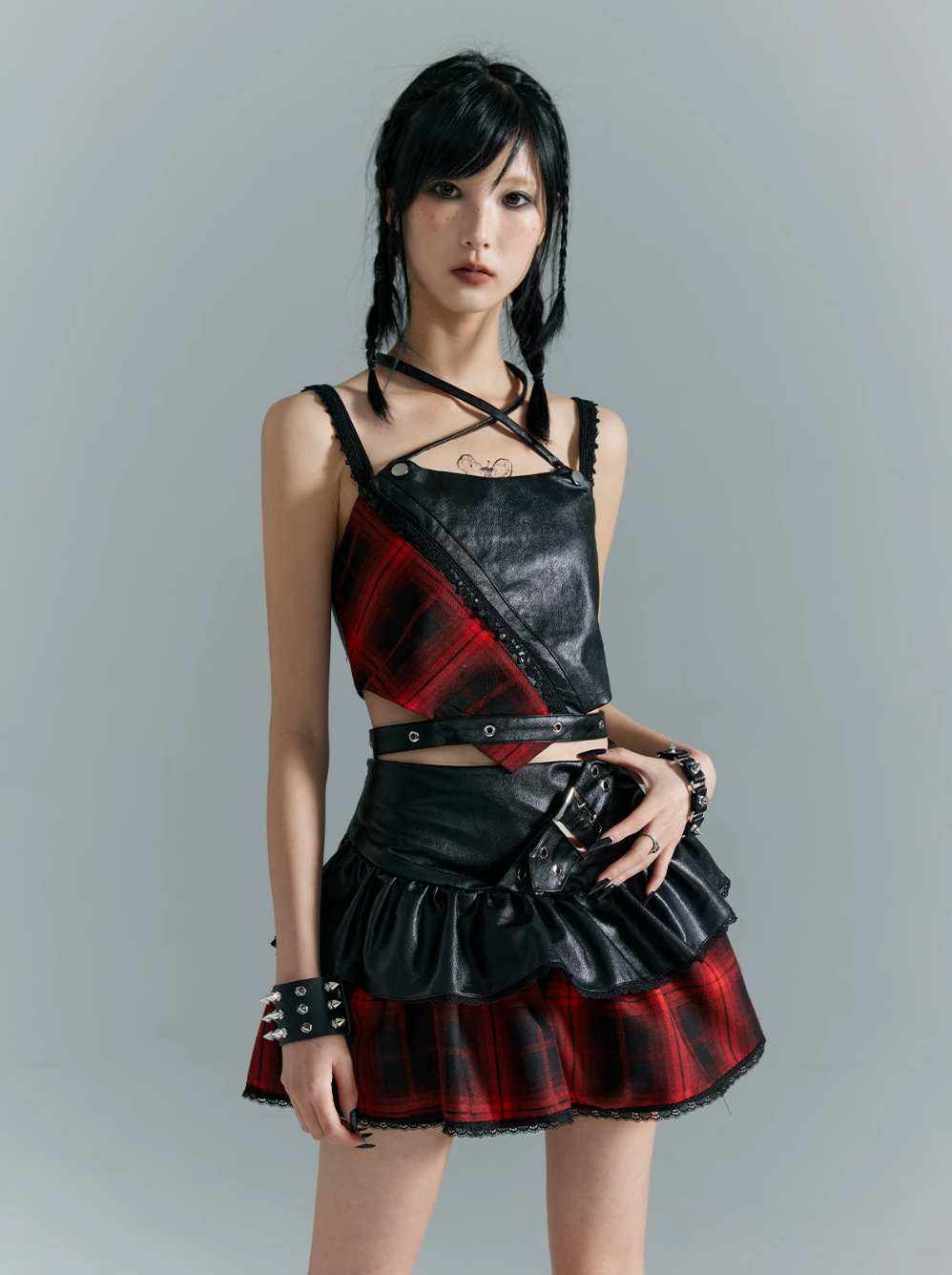 Frustration Garden Punk Grunge Hybrid Crop Top - Faux Leather and Plaid with Adjustable Straps