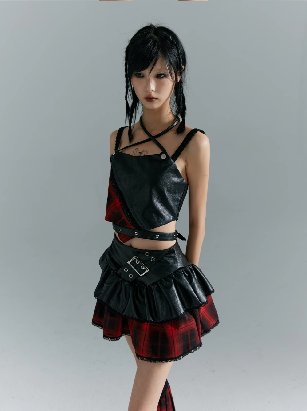 Frustration Garden Punk Grunge Hybrid Crop Top - Faux Leather and Plaid with Adjustable Straps