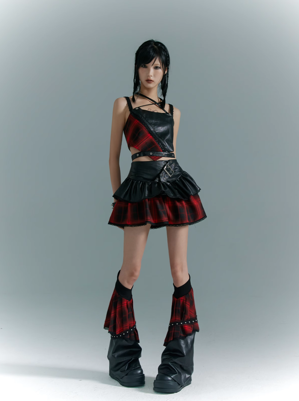 Frustration Garden Punk Grunge Hybrid Crop Top - Faux Leather and Plaid with Adjustable Straps