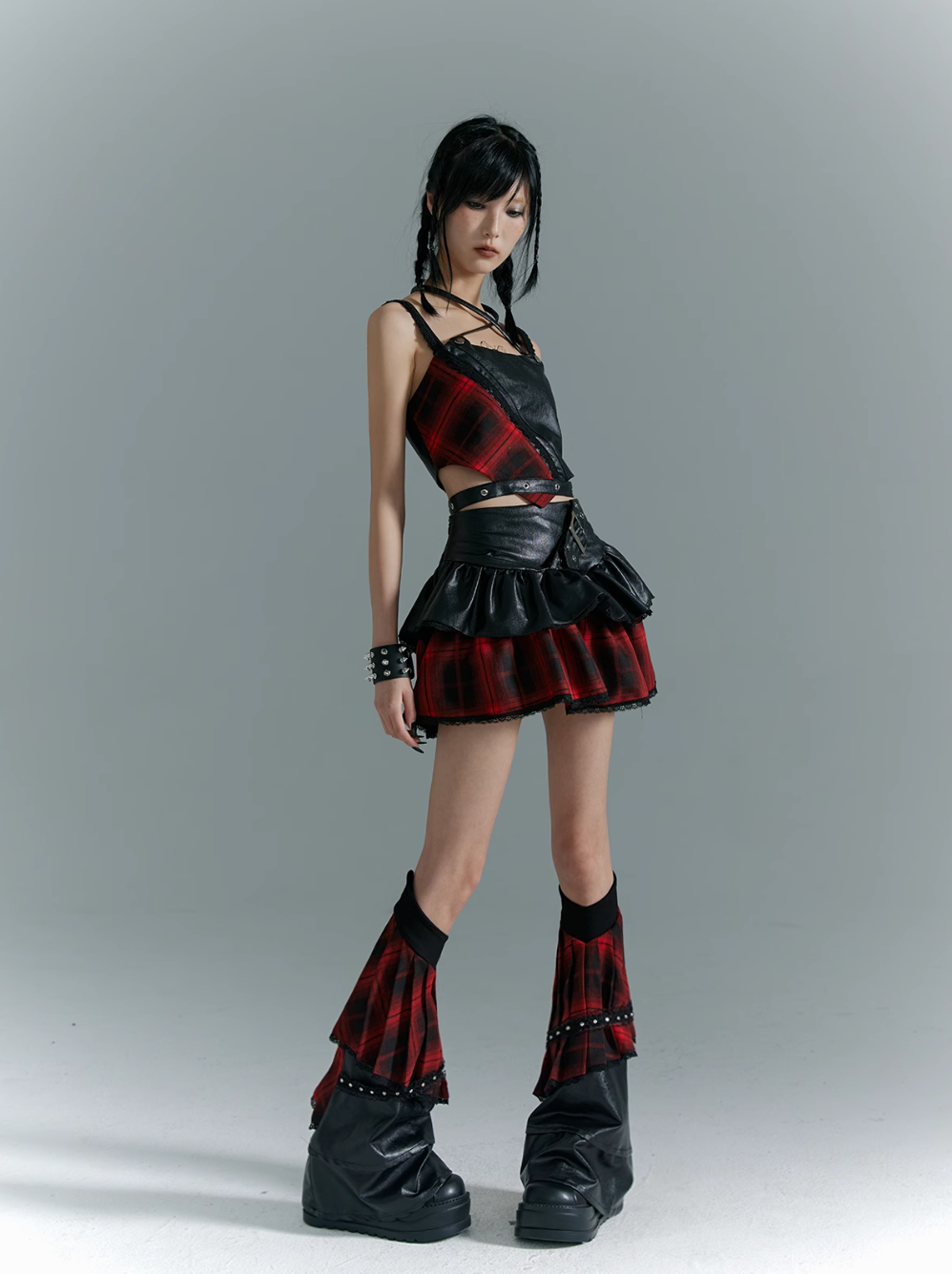 Frustration Garden Punk Grunge Hybrid Crop Top - Faux Leather and Plaid with Adjustable Straps