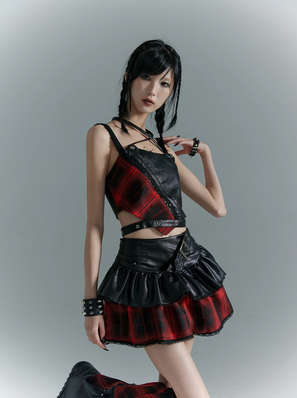 Frustration Garden Punk Grunge Hybrid Crop Top - Faux Leather and Plaid with Adjustable Straps