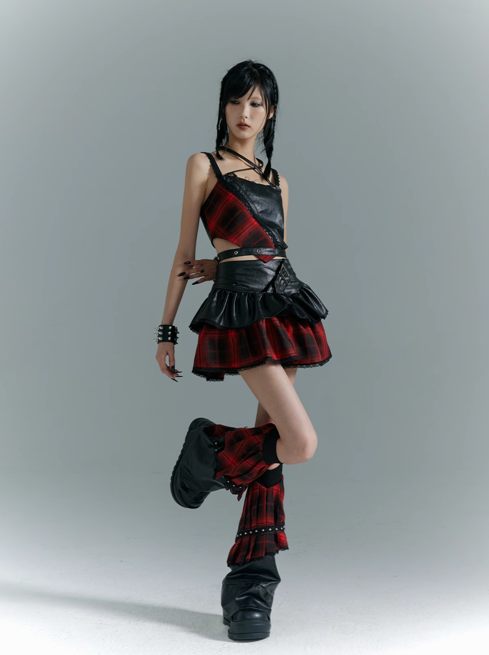 Frustration Garden Punk Grunge Hybrid Crop Top - Faux Leather and Plaid with Adjustable Straps