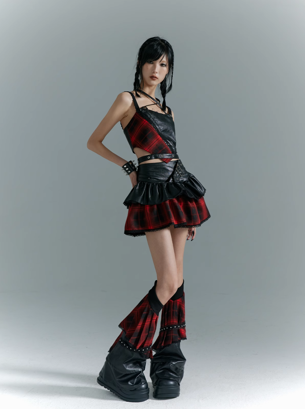 Frustration Garden Punk Grunge Hybrid Crop Top - Faux Leather and Plaid with Adjustable Straps