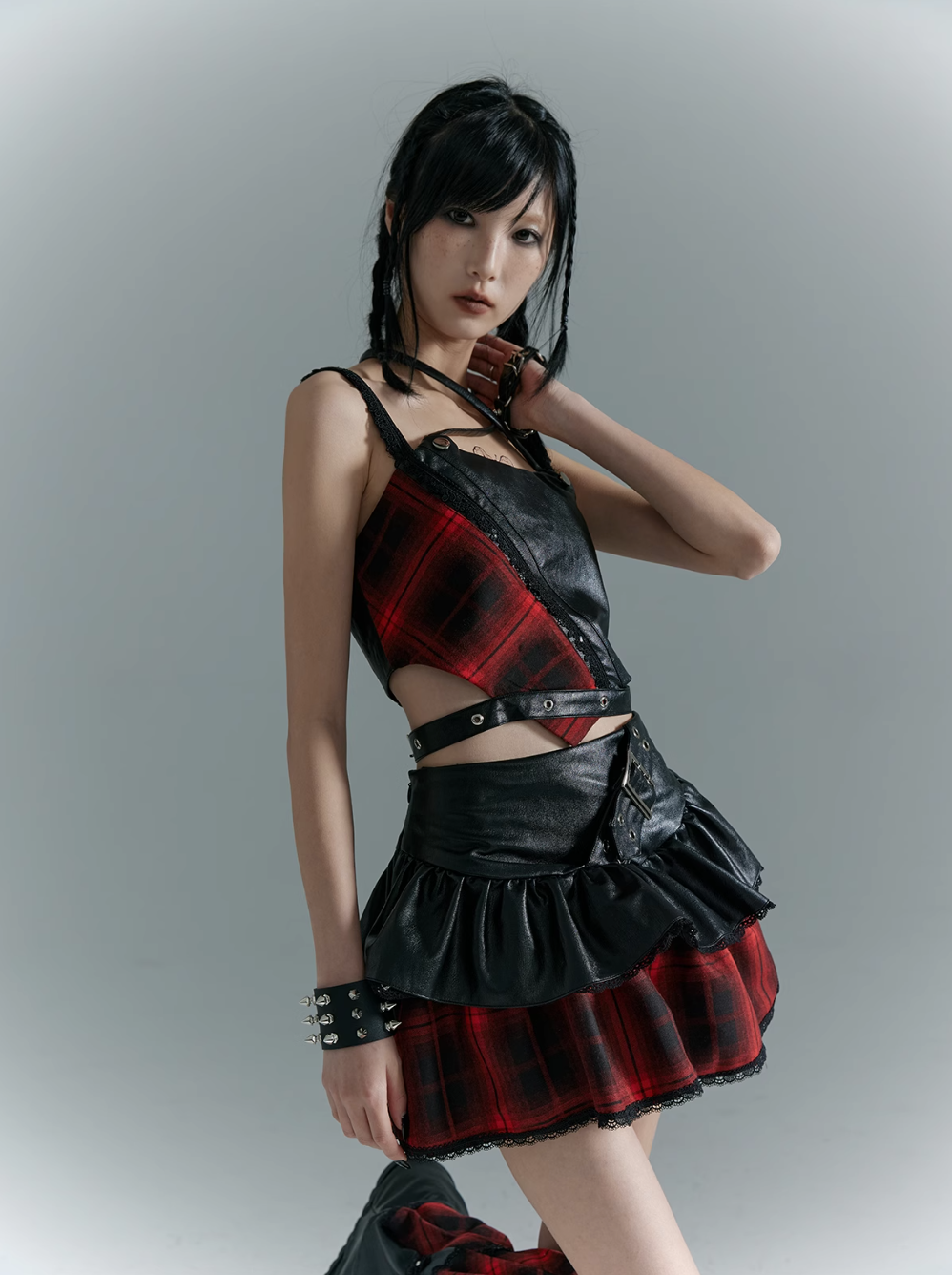 Frustration Garden Punk Grunge Hybrid Crop Top - Faux Leather and Plaid with Adjustable Straps