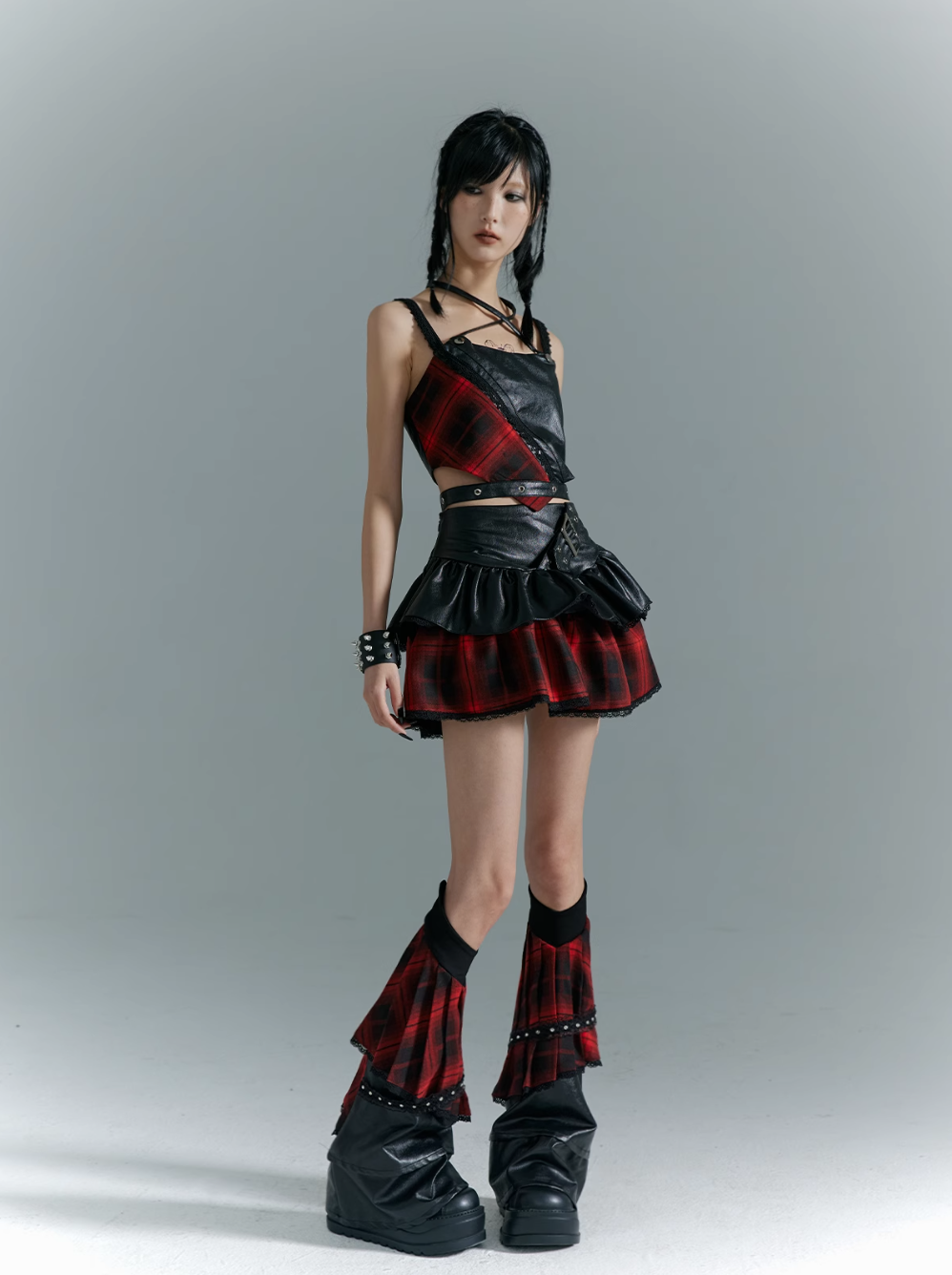 Frustration Garden Punk Grunge Hybrid Crop Top - Faux Leather and Plaid with Adjustable Straps