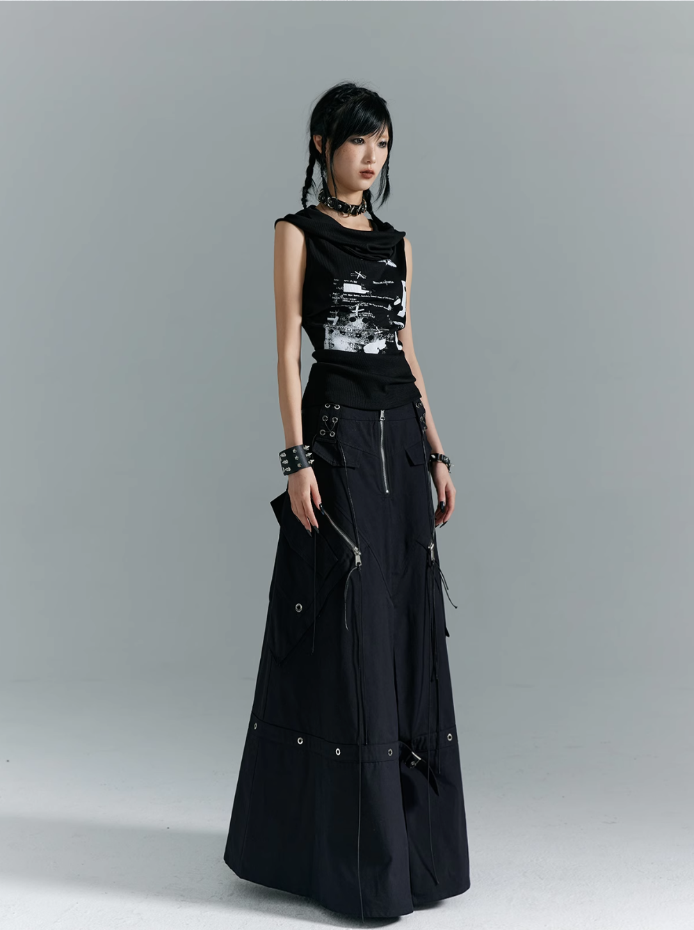 Frustration Garden Gothic Punk Draped Neck Tank Top - Black With Distressed Graphic Print And Bullet Belt