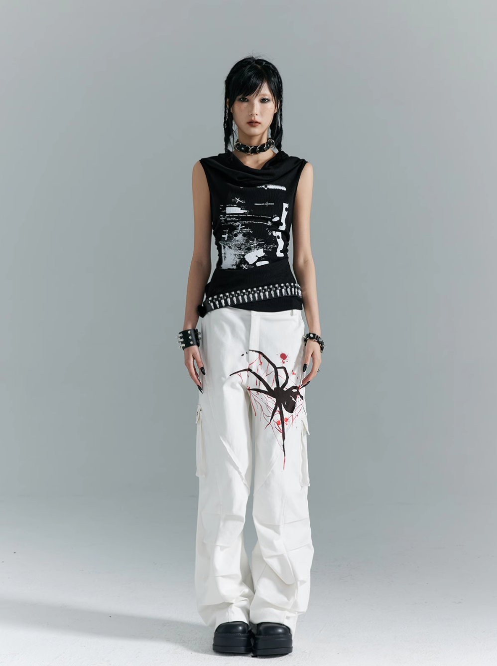 Frustration Garden Gothic Punk Draped Neck Tank Top - Black With Distressed Graphic Print And Bullet Belt