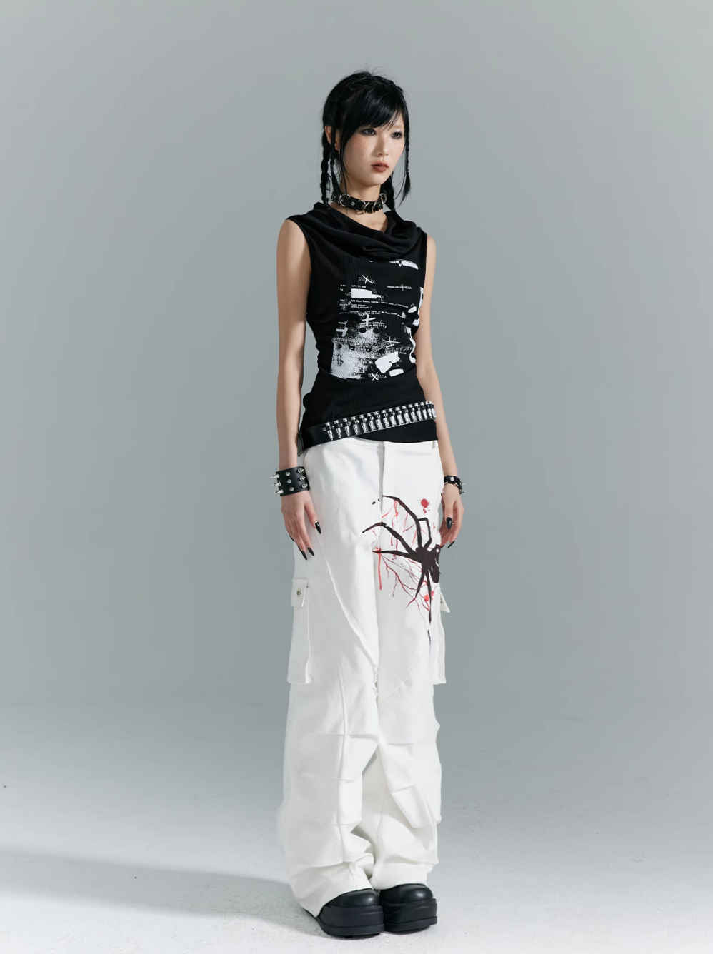 Frustration Garden Gothic Punk Draped Neck Tank Top - Black With Distressed Graphic Print And Bullet Belt