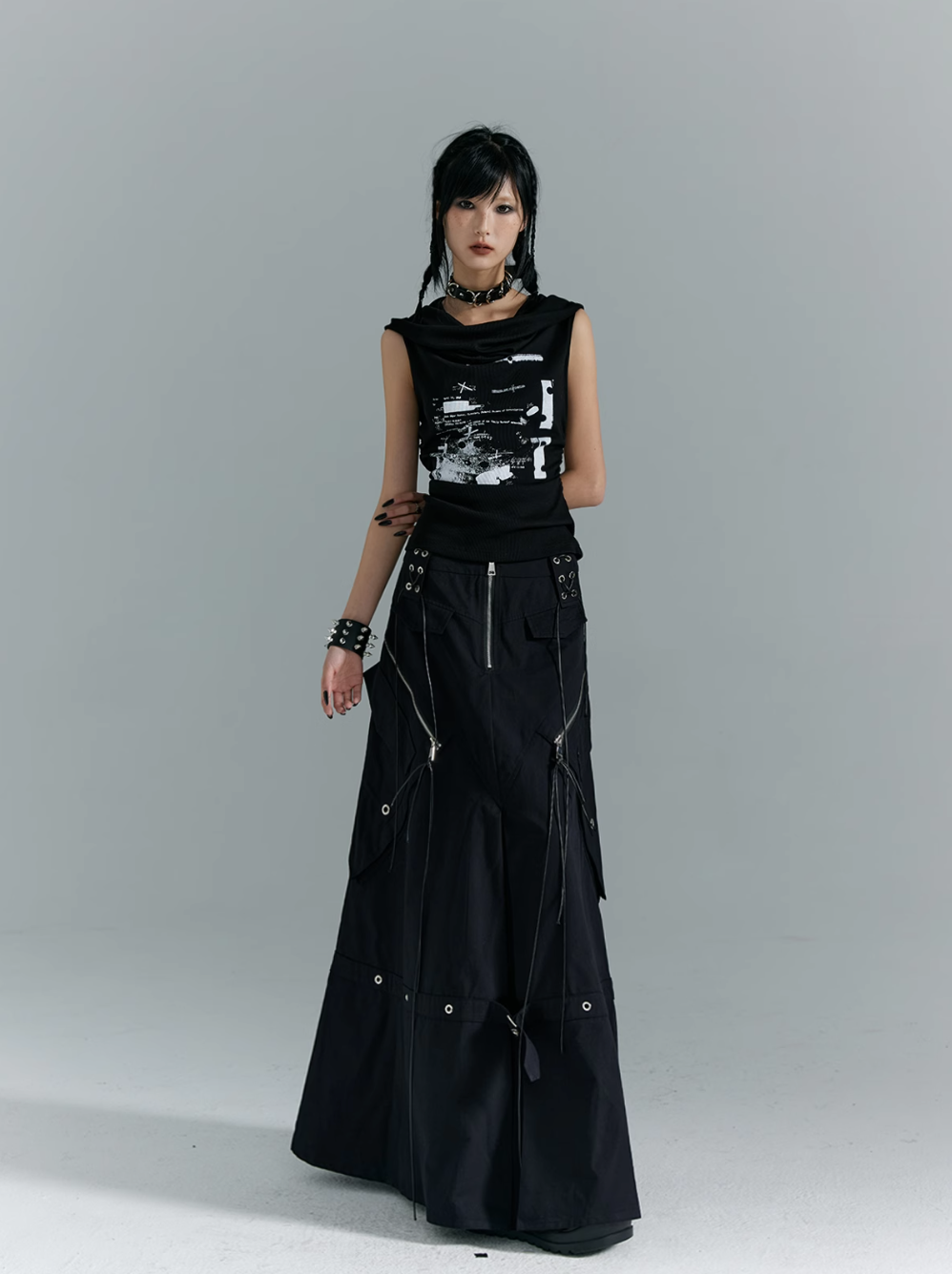 Frustration Garden Gothic Punk Draped Neck Tank Top - Black With Distressed Graphic Print And Bullet Belt