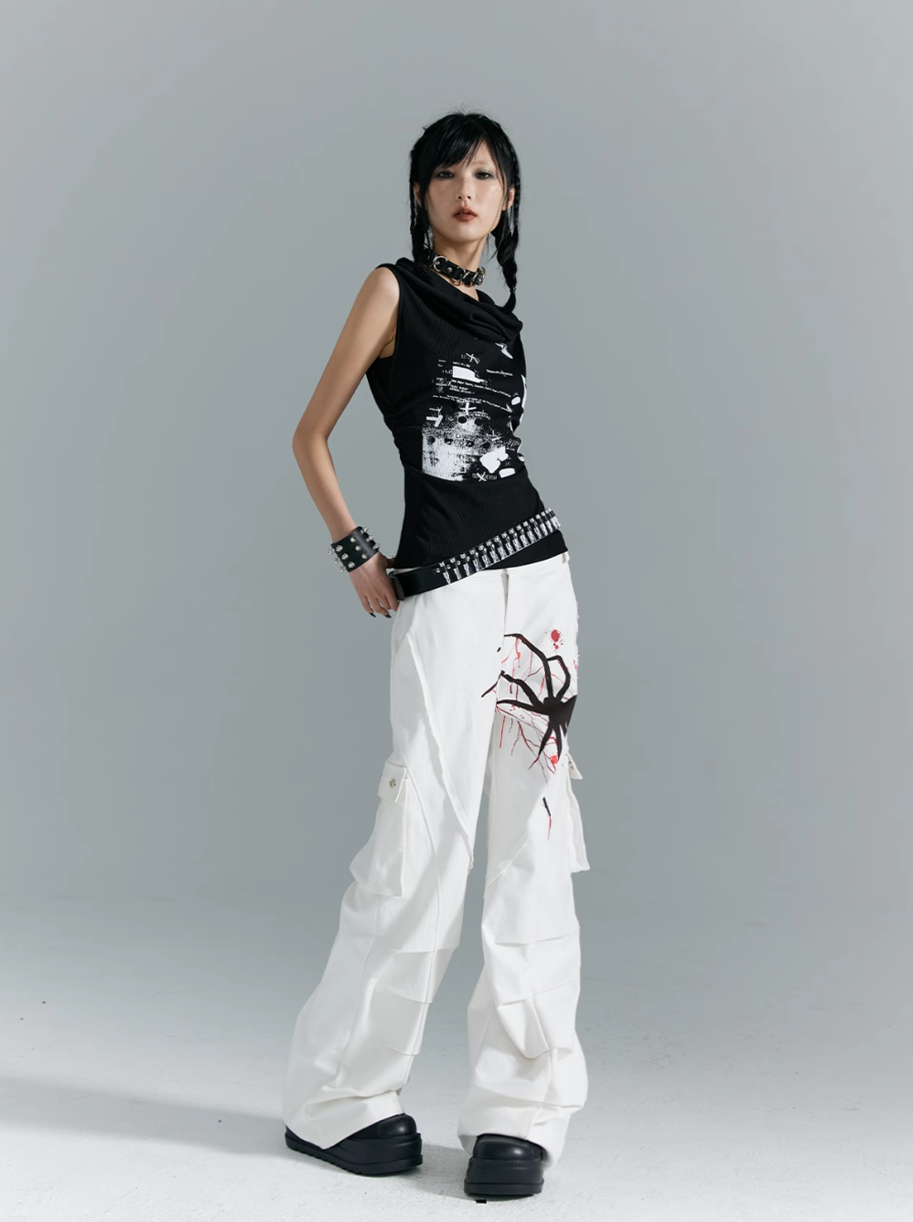 Frustration Garden Gothic Punk Draped Neck Tank Top - Black With Distressed Graphic Print And Bullet Belt