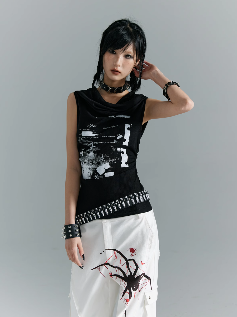 Frustration Garden Gothic Punk Draped Neck Tank Top - Black With Distressed Graphic Print And Bullet Belt