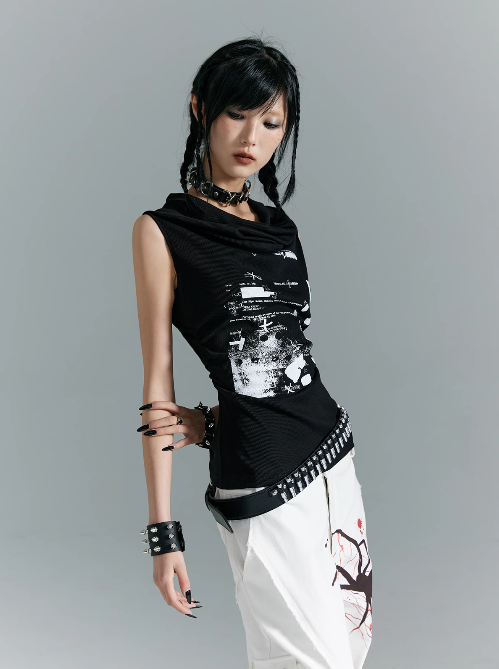 Frustration Garden Gothic Punk Draped Neck Tank Top - Black With Distressed Graphic Print And Bullet Belt