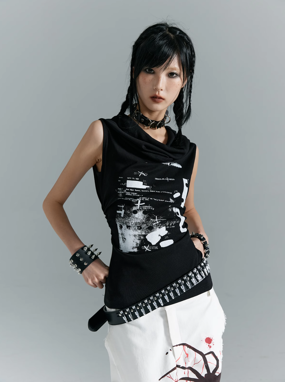 Frustration Garden Gothic Punk Draped Neck Tank Top - Black With Distressed Graphic Print And Bullet Belt