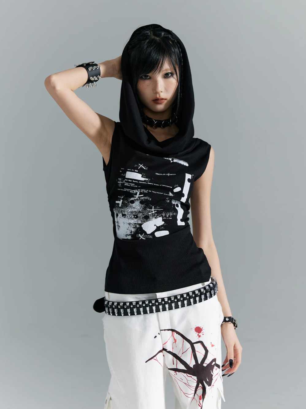 Frustration Garden Gothic Punk Draped Neck Tank Top - Black With Distressed Graphic Print And Bullet Belt