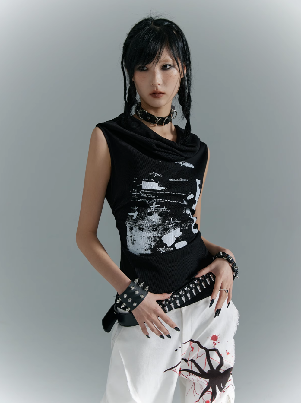 Frustration Garden Gothic Punk Draped Neck Tank Top - Black With Distressed Graphic Print And Bullet Belt