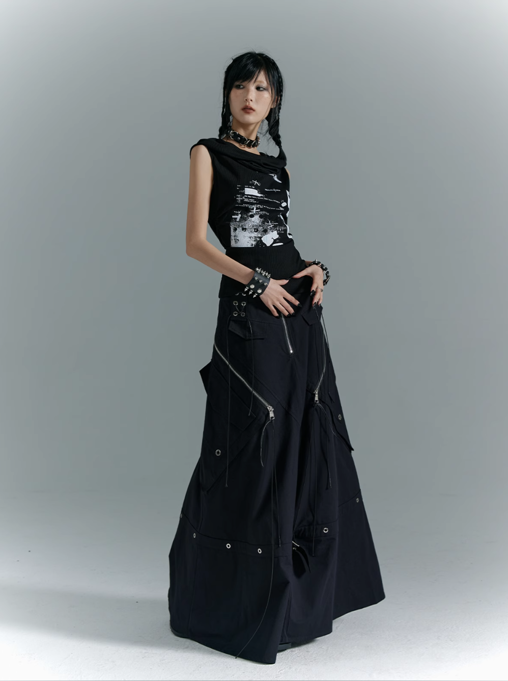 Frustration Garden Gothic Punk Draped Neck Tank Top - Black With Distressed Graphic Print And Bullet Belt