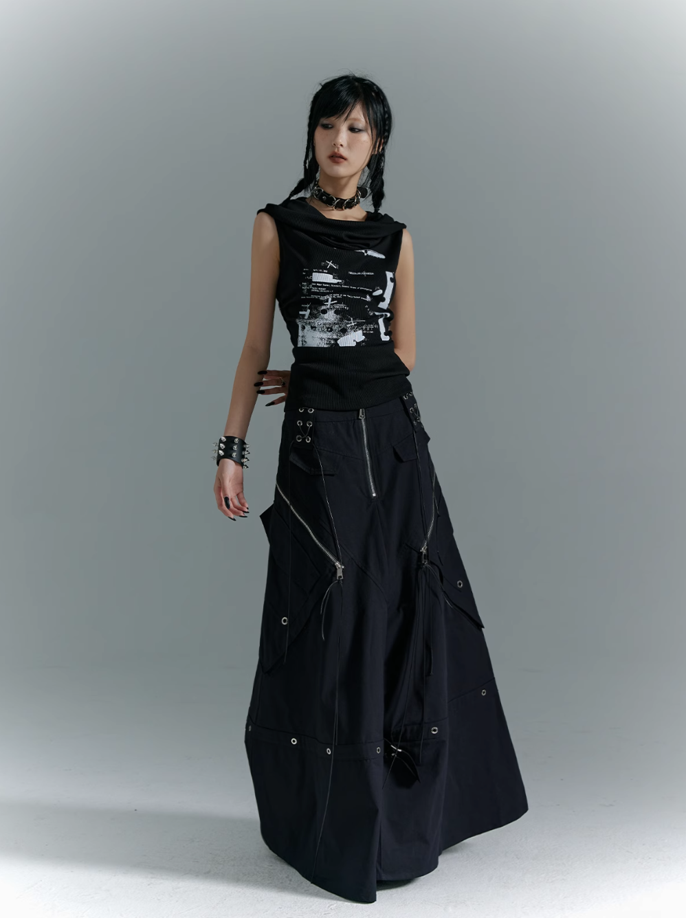 Frustration Garden Gothic Punk Draped Neck Tank Top - Black With Distressed Graphic Print And Bullet Belt