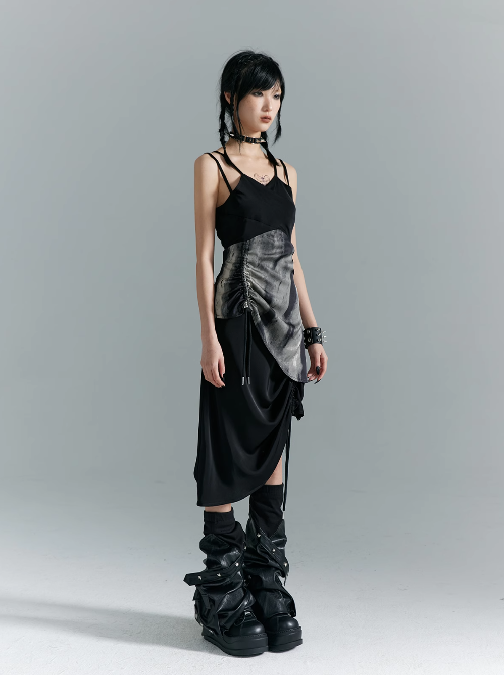 Frustration Garden Avant-Garde Asymmetrical Midi Dress - Black and Gray Sleeveless with Layered Design and Side Slit