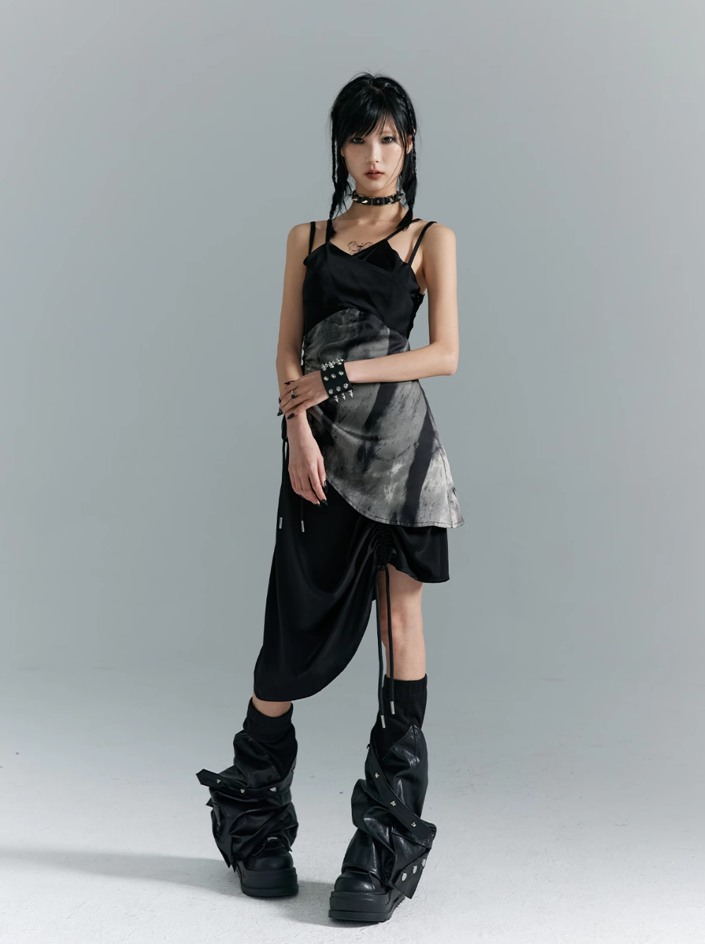 Frustration Garden Avant-Garde Asymmetrical Midi Dress - Black and Gray Sleeveless with Layered Design and Side Slit