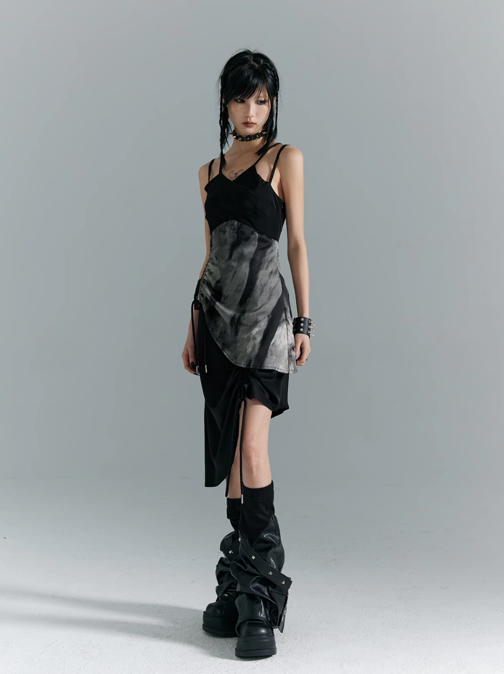 Frustration Garden Avant-Garde Asymmetrical Midi Dress - Black and Gray Sleeveless with Layered Design and Side Slit