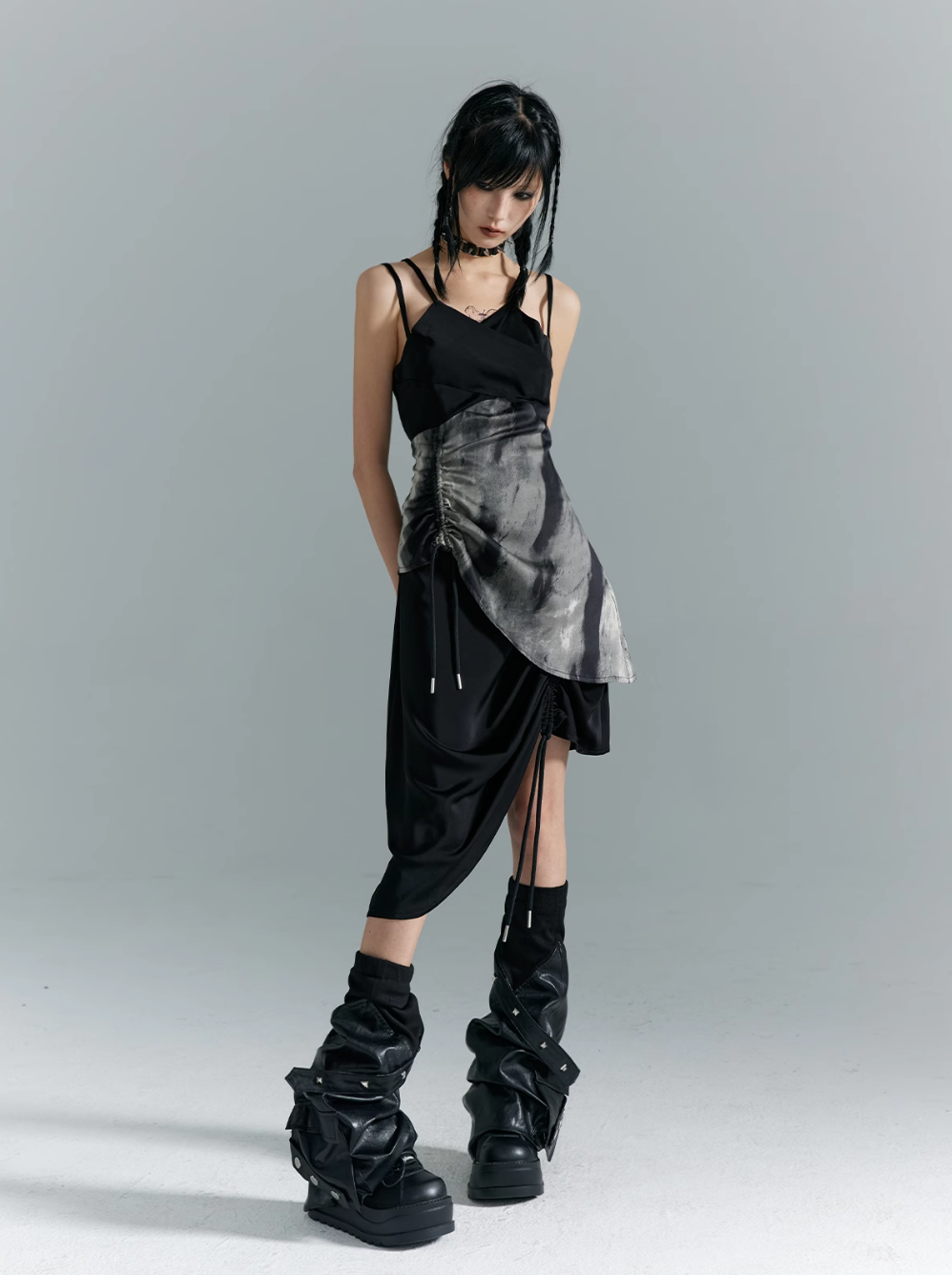 Frustration Garden Avant-Garde Asymmetrical Midi Dress - Black and Gray Sleeveless with Layered Design and Side Slit