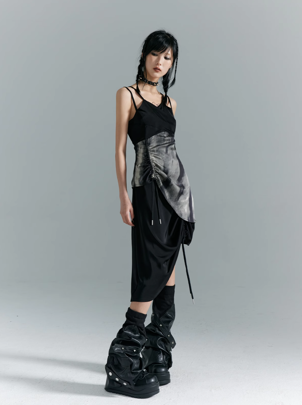 Frustration Garden Avant-Garde Asymmetrical Midi Dress - Black and Gray Sleeveless with Layered Design and Side Slit