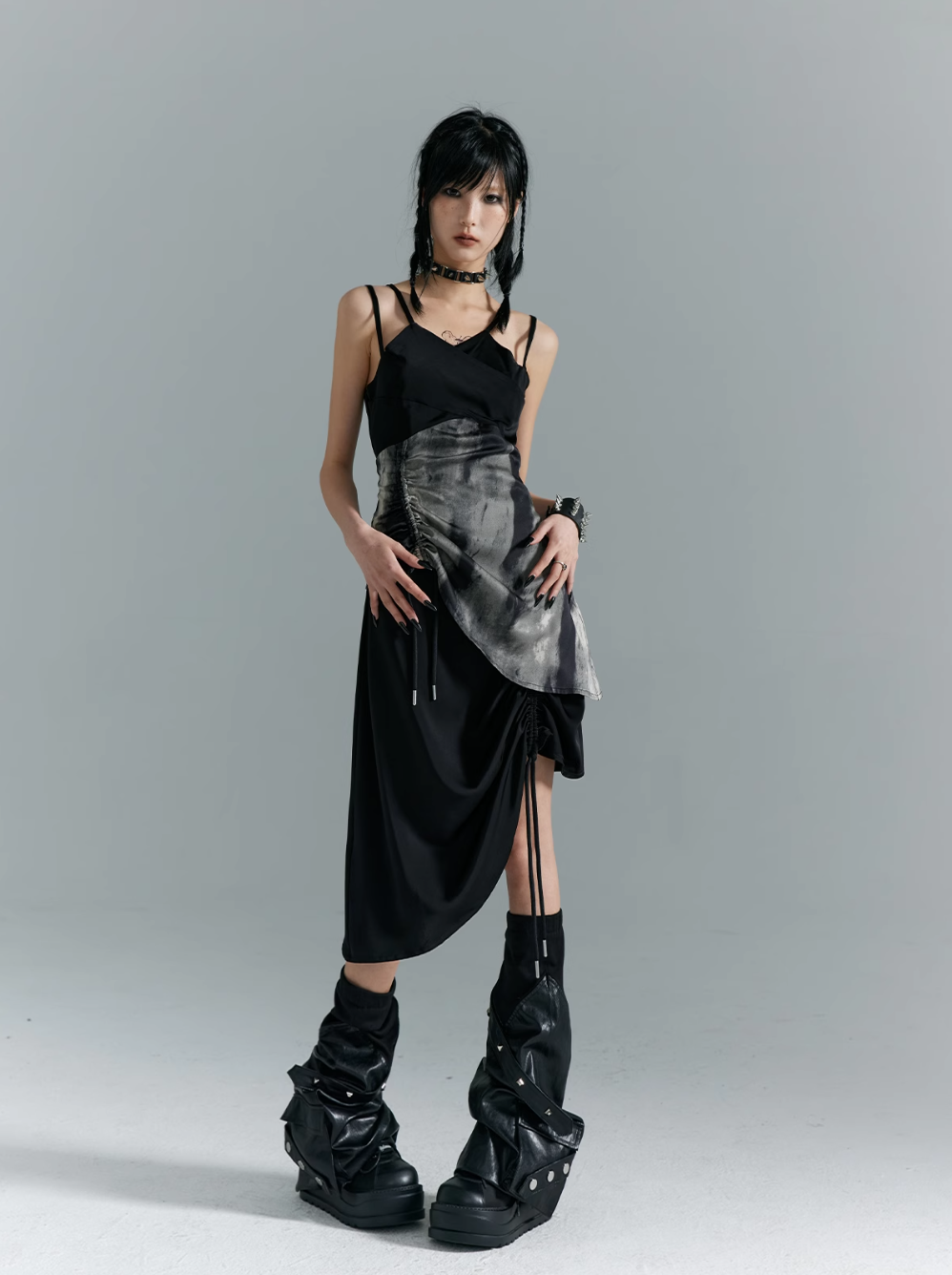 Frustration Garden Avant-Garde Asymmetrical Midi Dress - Black and Gray Sleeveless with Layered Design and Side Slit