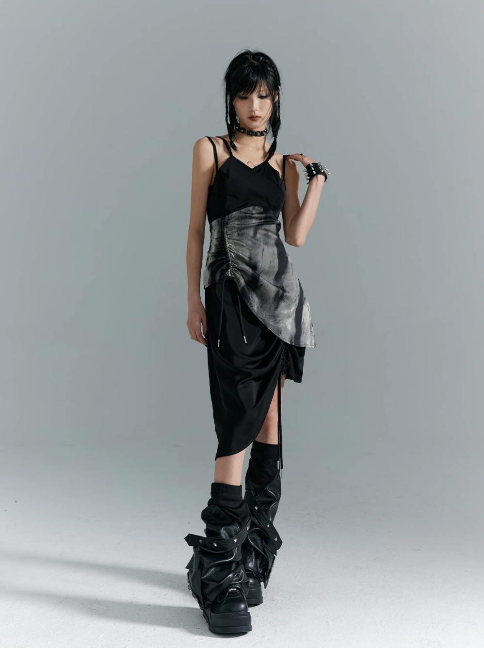 Frustration Garden Avant-Garde Asymmetrical Midi Dress - Black and Gray Sleeveless with Layered Design and Side Slit