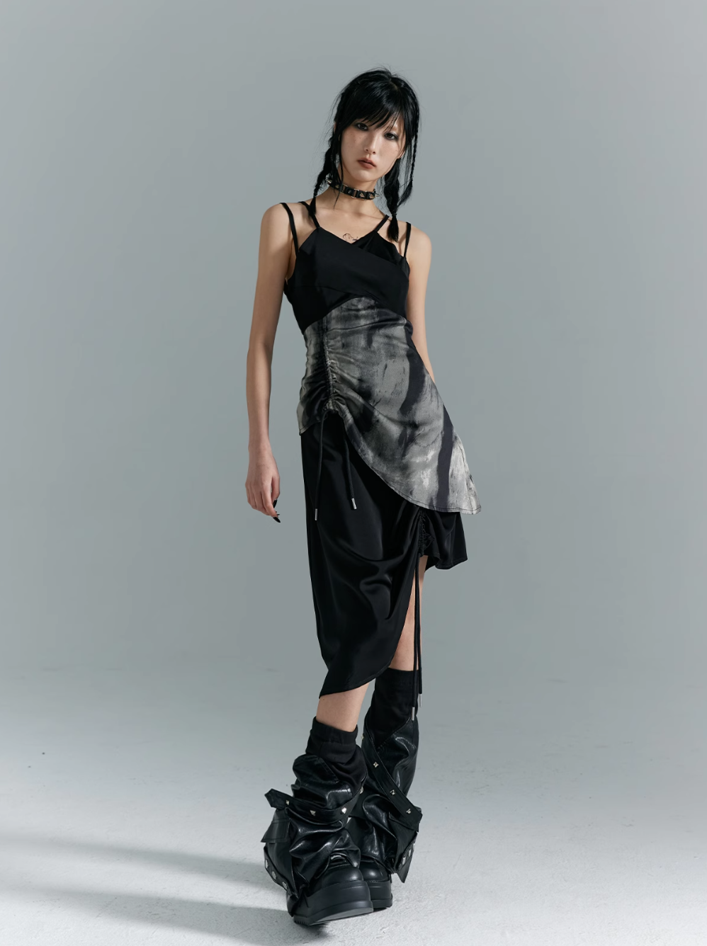 Frustration Garden Avant-Garde Asymmetrical Midi Dress - Black and Gray Sleeveless with Layered Design and Side Slit