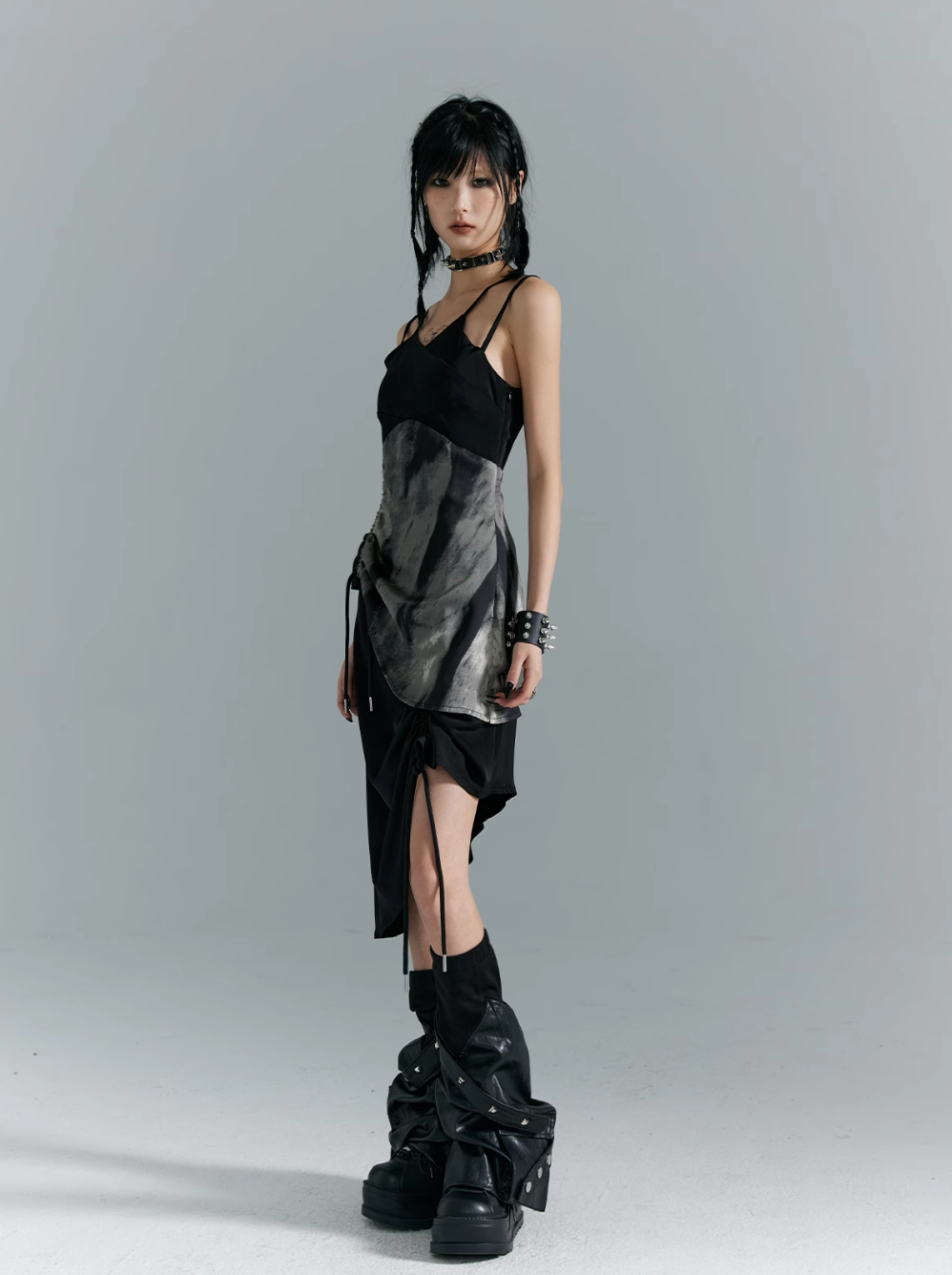 Frustration Garden Avant-Garde Asymmetrical Midi Dress - Black and Gray Sleeveless with Layered Design and Side Slit