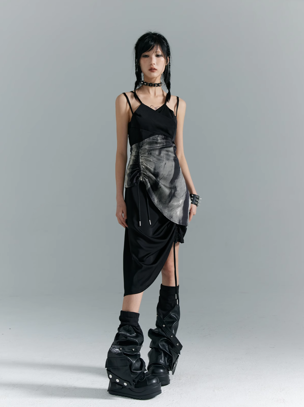 Frustration Garden Avant-Garde Asymmetrical Midi Dress - Black and Gray Sleeveless with Layered Design and Side Slit