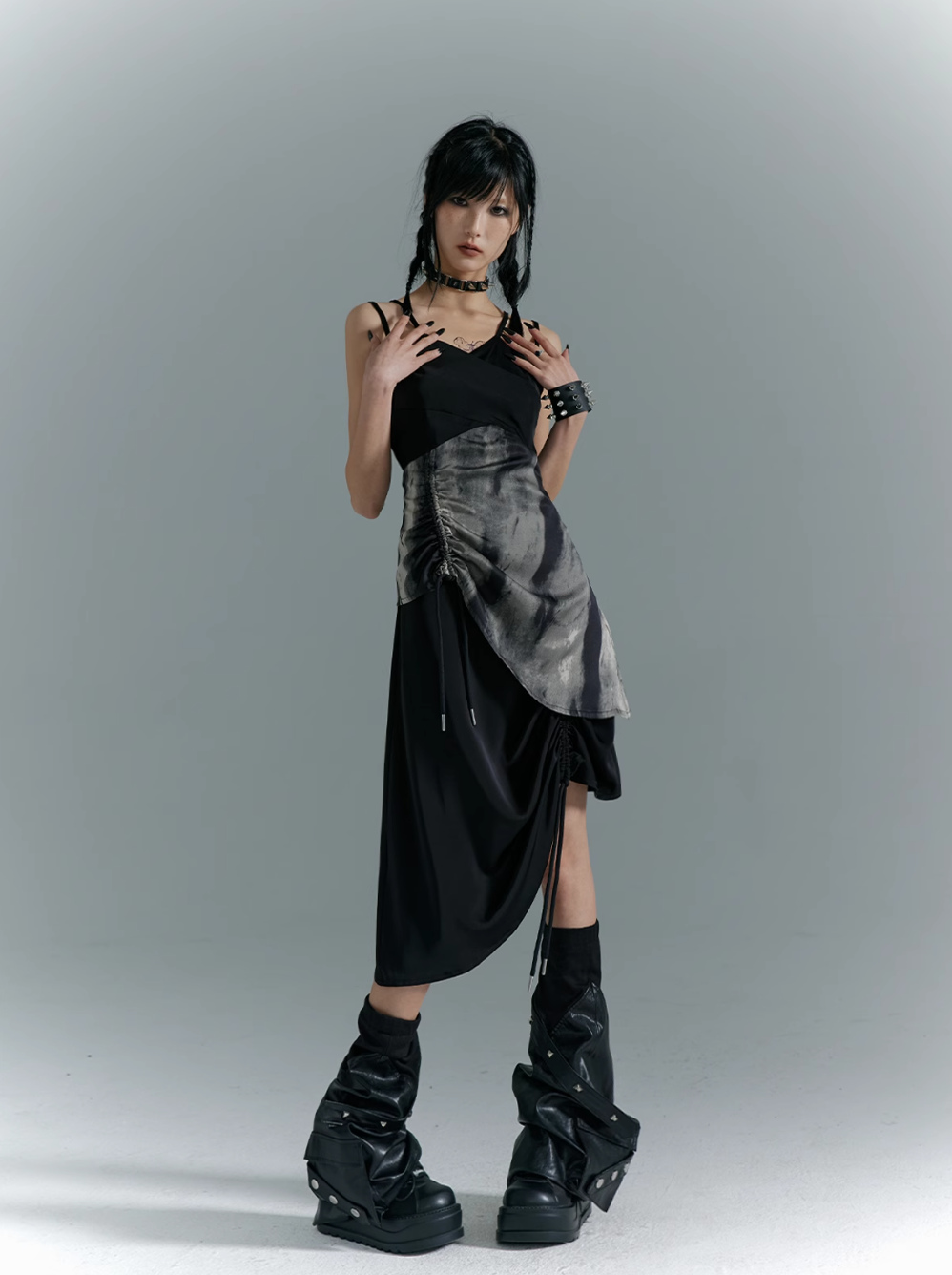 Frustration Garden Avant-Garde Asymmetrical Midi Dress - Black and Gray Sleeveless with Layered Design and Side Slit