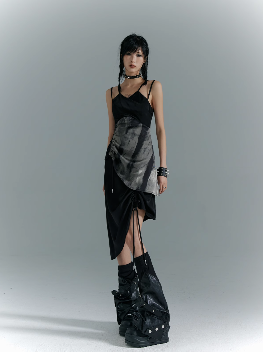 Frustration Garden Avant-Garde Asymmetrical Midi Dress - Black and Gray Sleeveless with Layered Design and Side Slit