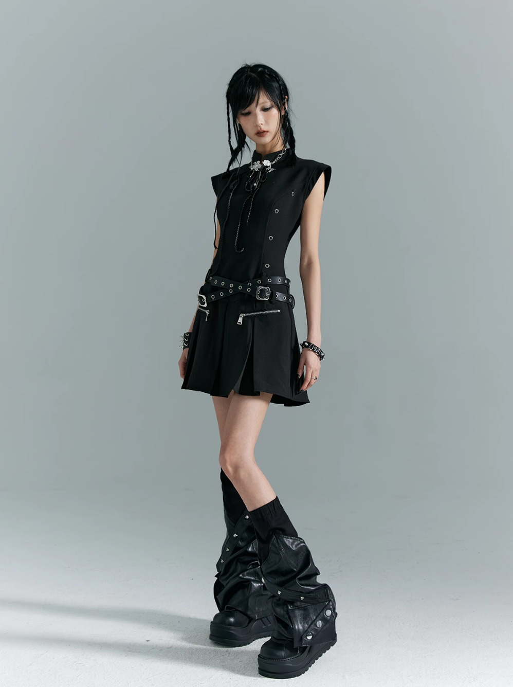 Frustration Garden Gothic Punk Mini Dress - Black Sleeveless A-Line With Zipper Pockets And Belt