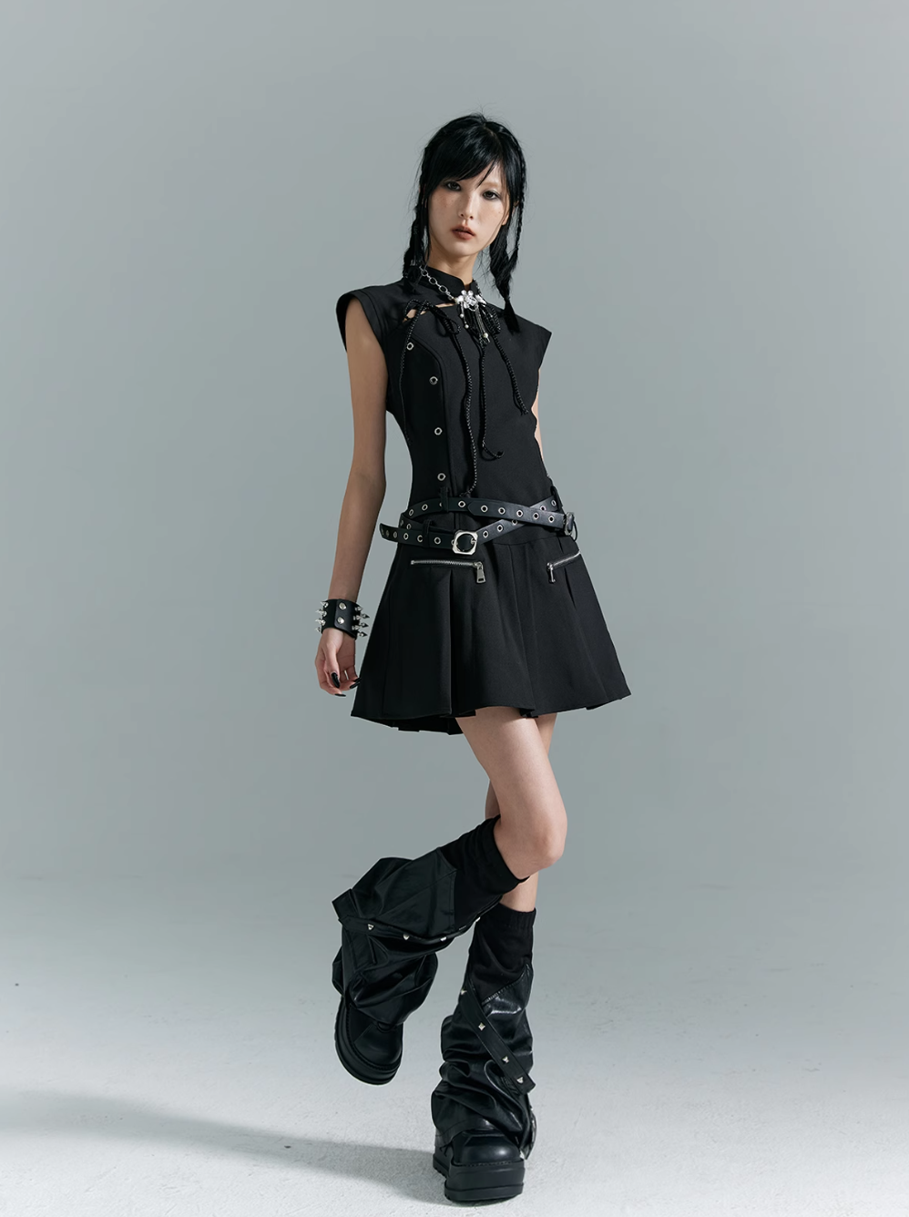 Frustration Garden Gothic Punk Mini Dress - Black Sleeveless A-Line With Zipper Pockets And Belt