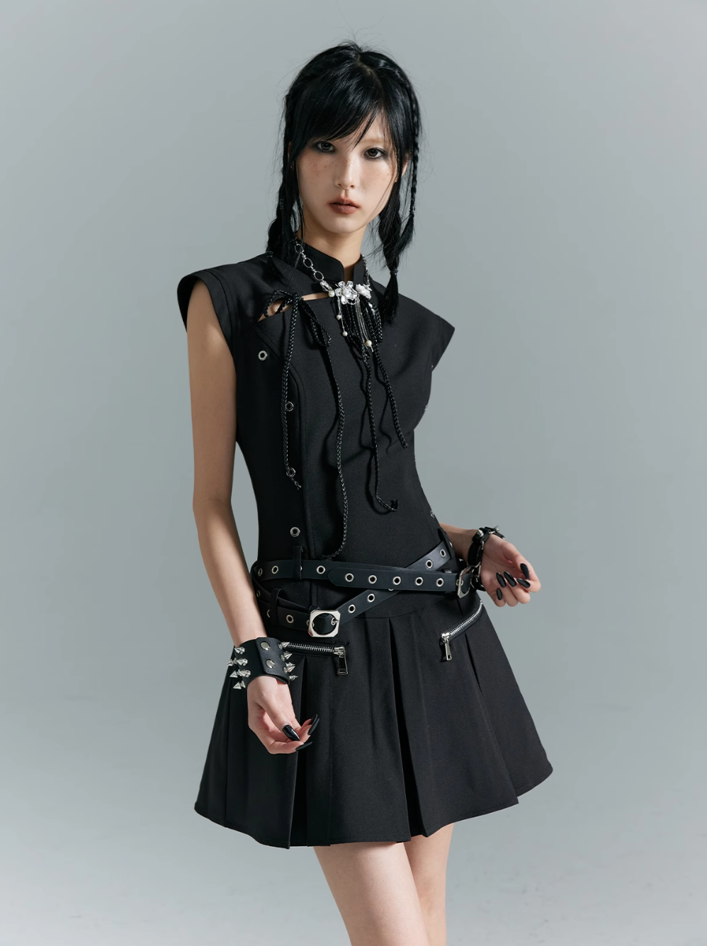 Frustration Garden Gothic Punk Mini Dress - Black Sleeveless A-Line With Zipper Pockets And Belt