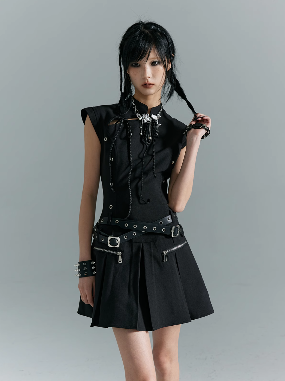 Frustration Garden Gothic Punk Mini Dress - Black Sleeveless A-Line With Zipper Pockets And Belt