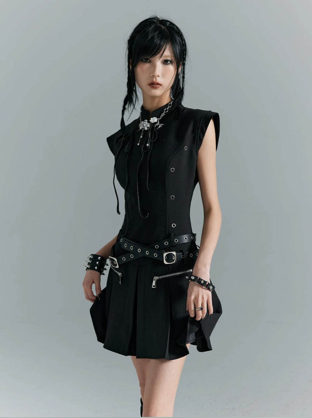 Frustration Garden Gothic Punk Mini Dress - Black Sleeveless A-Line With Zipper Pockets And Belt