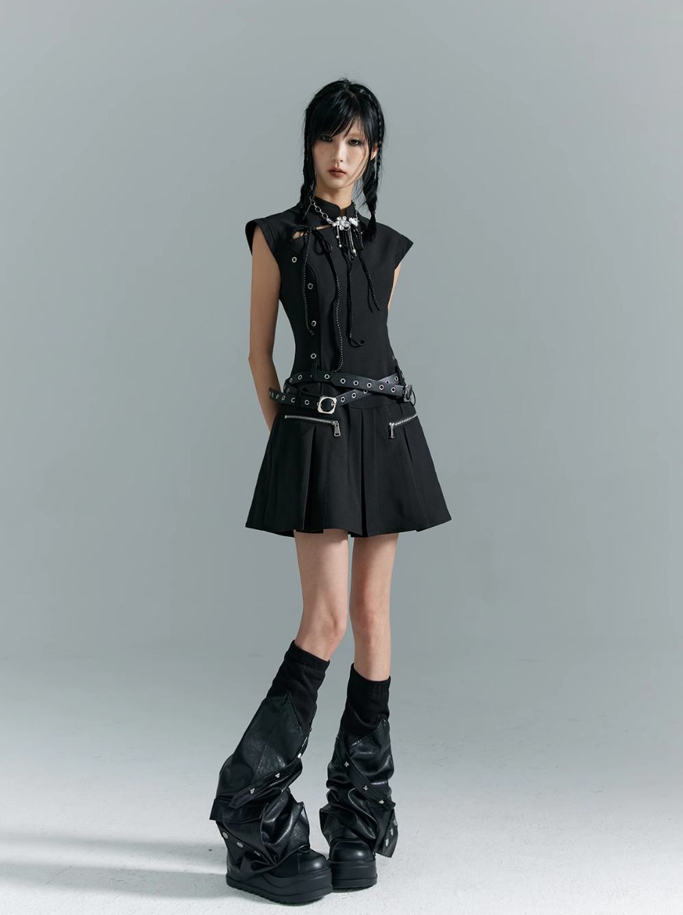 Frustration Garden Gothic Punk Mini Dress - Black Sleeveless A-Line With Zipper Pockets And Belt