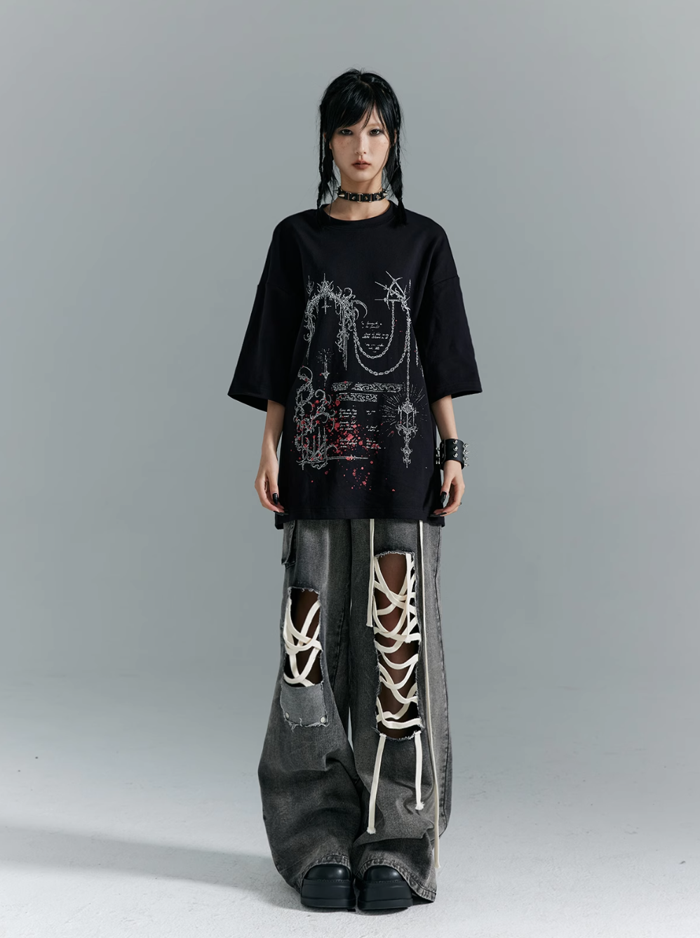 Frustration Garden Gothic Punk Oversized T-Shirt - Black With Abstract Grunge Print And Red Splatter