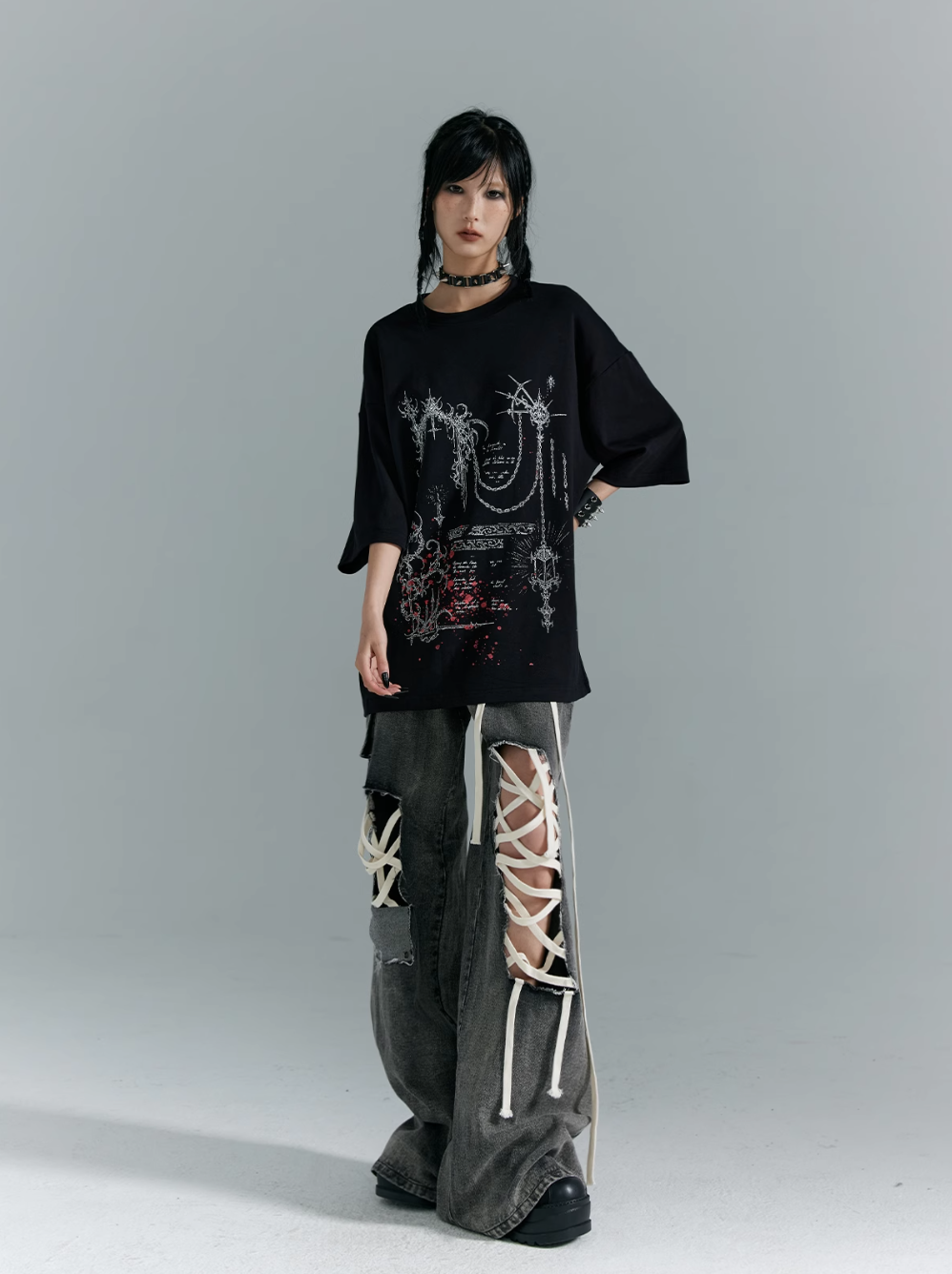 Frustration Garden Gothic Punk Oversized T-Shirt - Black With Abstract Grunge Print And Red Splatter