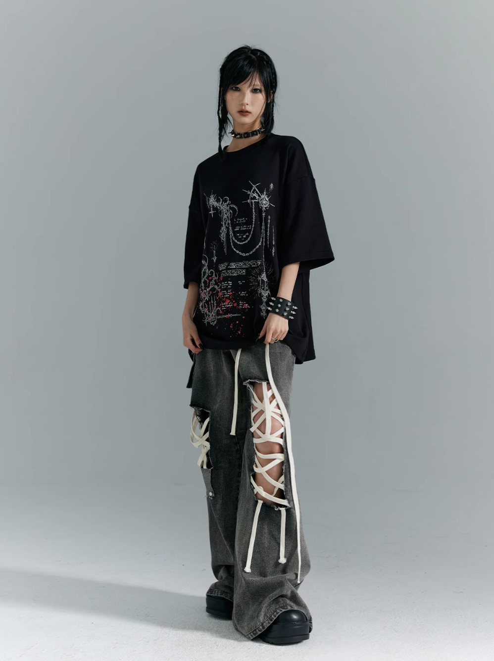 Frustration Garden Gothic Punk Oversized T-Shirt - Black With Abstract Grunge Print And Red Splatter