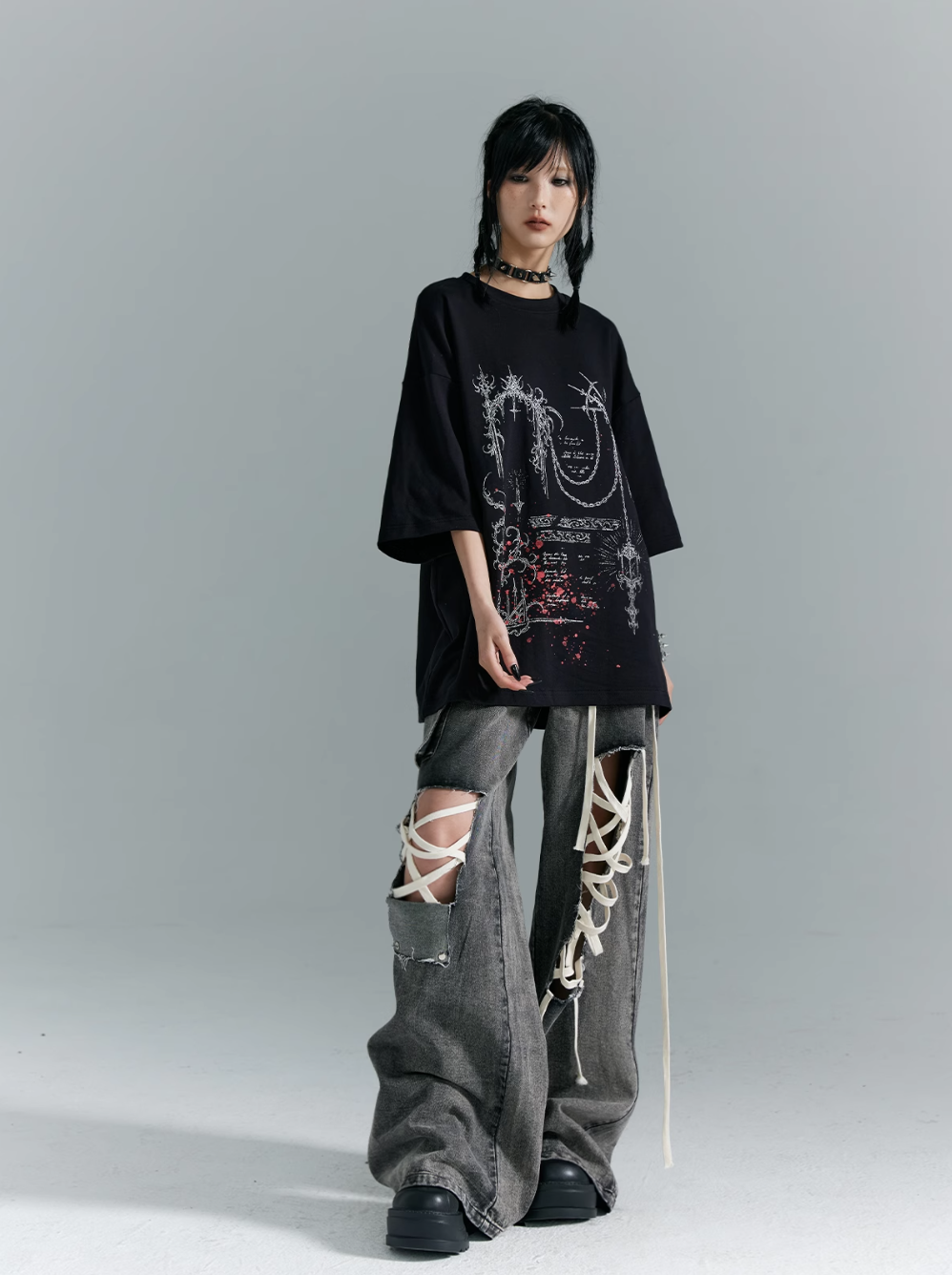 Frustration Garden Gothic Punk Oversized T-Shirt - Black With Abstract Grunge Print And Red Splatter