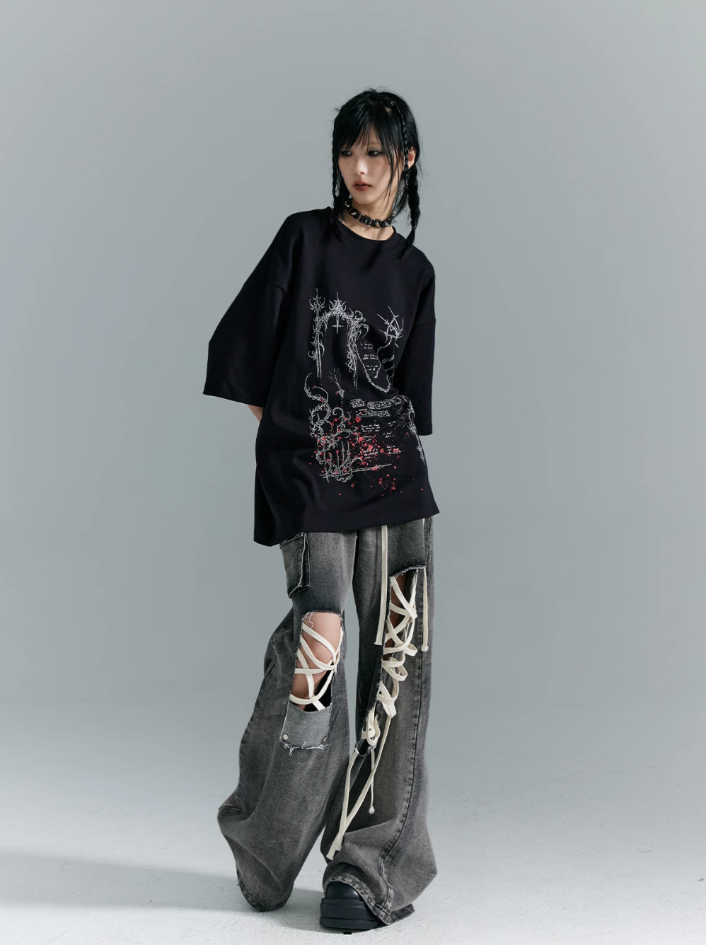 Frustration Garden Gothic Punk Oversized T-Shirt - Black With Abstract Grunge Print And Red Splatter