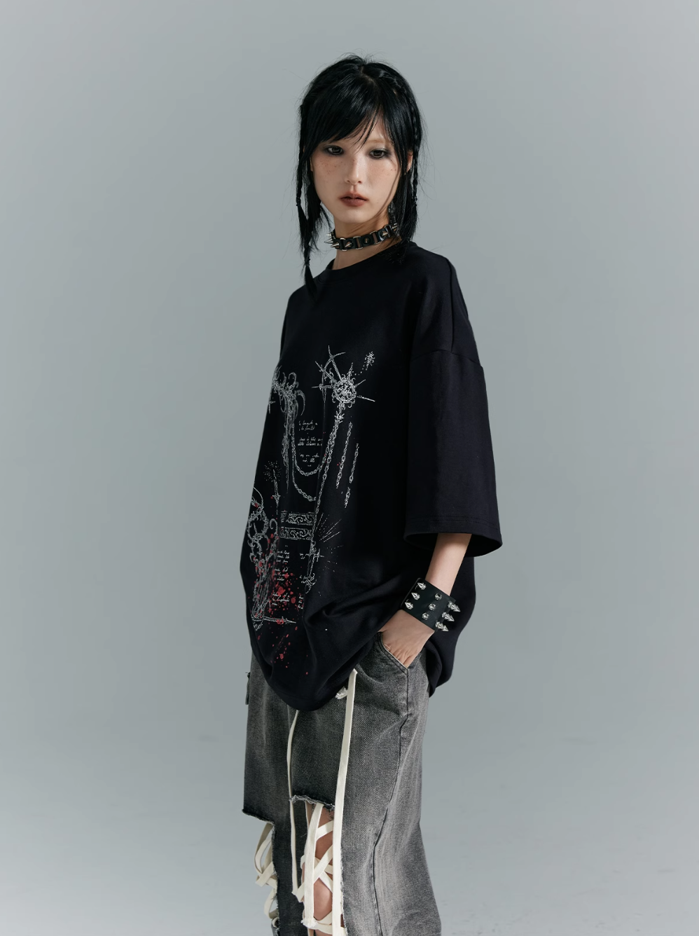 Frustration Garden Gothic Punk Oversized T-Shirt - Black With Abstract Grunge Print And Red Splatter