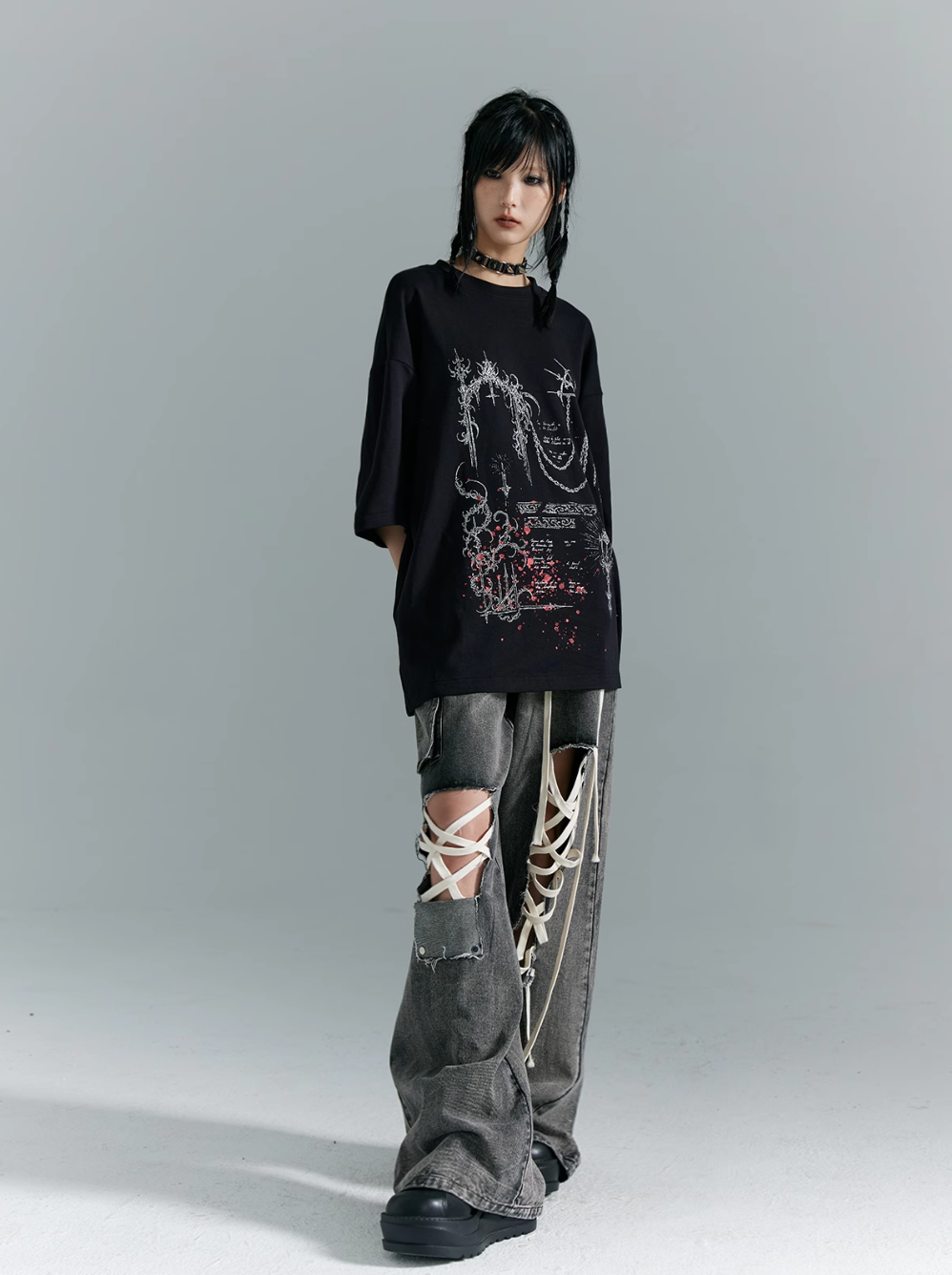 Frustration Garden Gothic Punk Oversized T-Shirt - Black With Abstract Grunge Print And Red Splatter